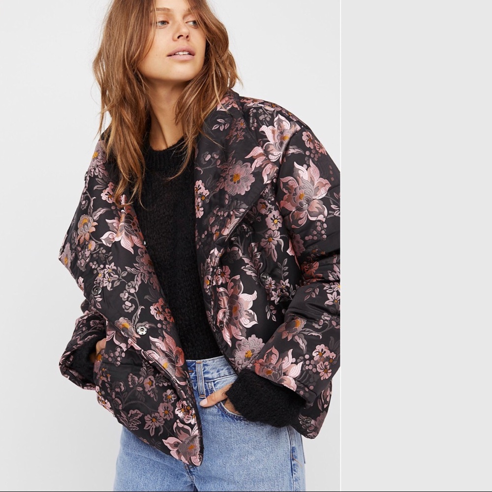 Free People Floral Puffer Jacket - Black and Pink